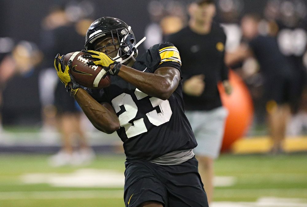 Iowa Hawkeyes running back Shadrick Byrd (23) pulls in a pass during Fall Camp Practice No. 9 at the Hansen Football Performance Center in Iowa City on Monday, Aug 12, 2019. (Stephen Mally/hawkeyesports.com)