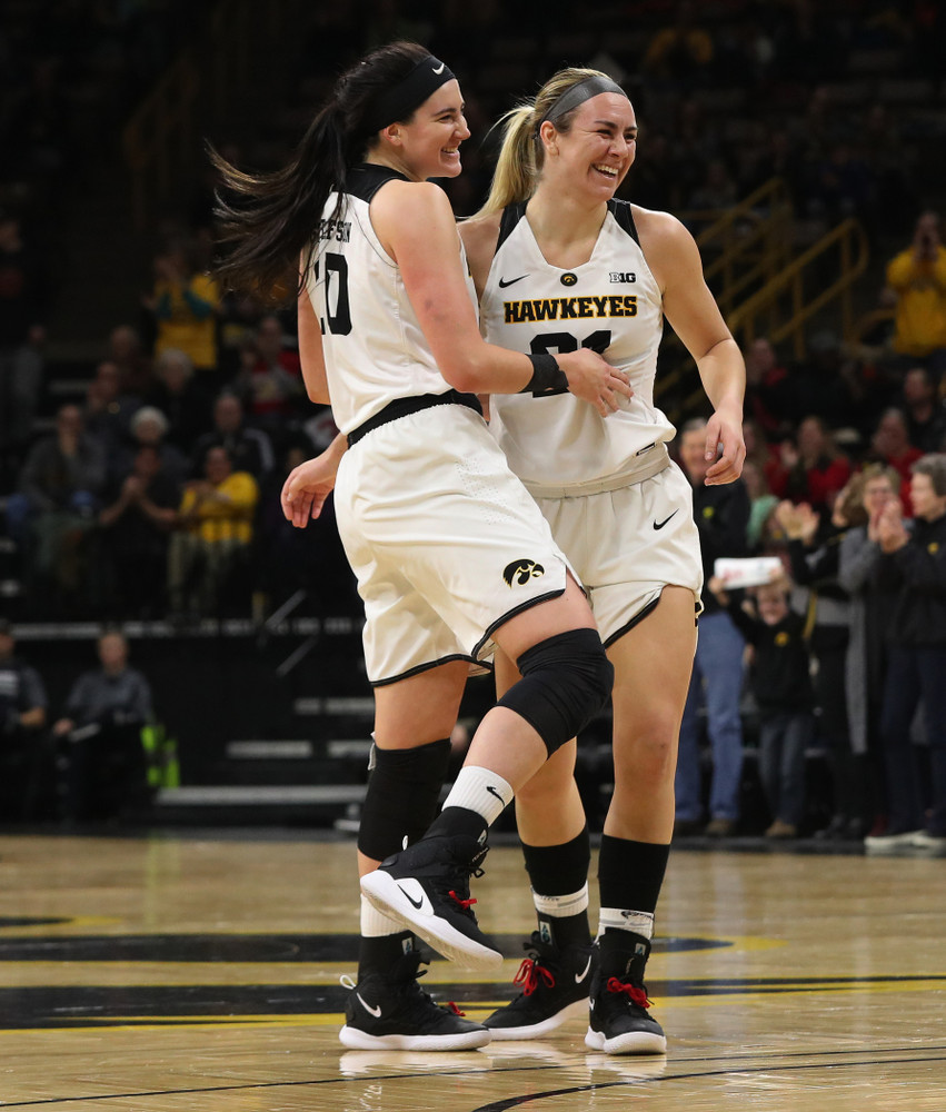 Iowa Hawkeyes forward Megan Gustafson (10) and forward Hannah Stewart (21) against the Purdue Boilermakers Sunday, January 27, 2019 at Carver-Hawkeye Arena. (Brian Ray/hawkeyesports.com)