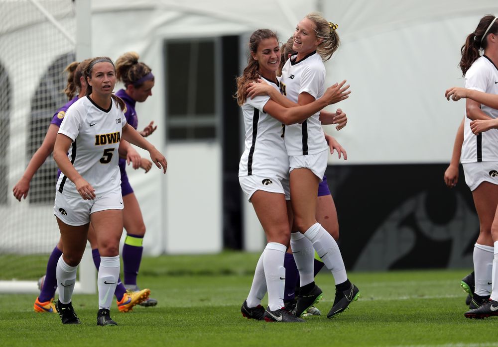 Iowa Hawkeyes defender Hannah Drkulec (17) celebrates after scoring during a 6-1 win over Northern Iowa Sunday, August 25, 2019 at the Iowa Soccer Complex. (Brian Ray/hawkeyesports.com)
