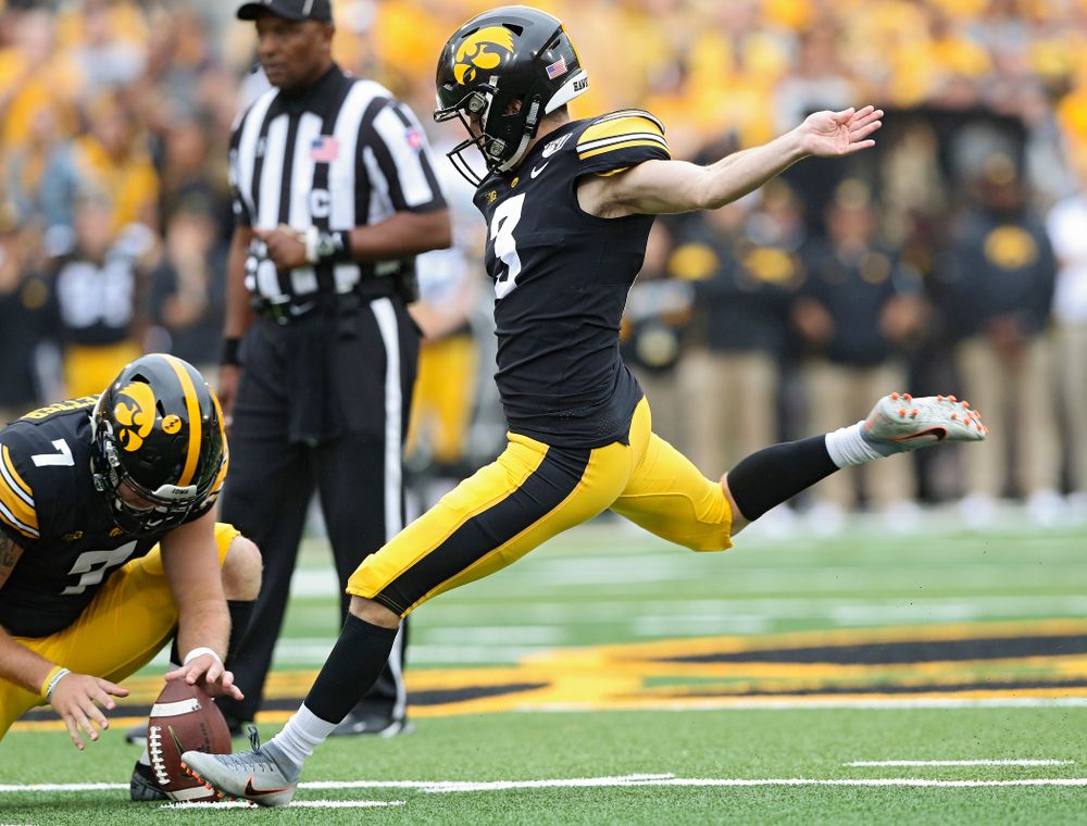 Iowa Hawkeyes place kicker Keith Duncan (3) makes a 49-yard field goal from the hold of Colten Rastetter (7) during the first quarter of their game at Kinnick Stadium in Iowa City on Saturday, Sep 28, 2019. (Stephen Mally/hawkeyesports.com)