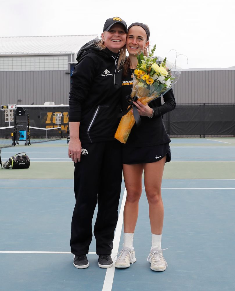 Iowa's Adrienne Jensen during Senior Day activities before their match against the Wisconsin Badgers Sunday, April 22, 2018 at the Hawkeye Tennis and Recreation Center. (Brian Ray/hawkeyesports.com)