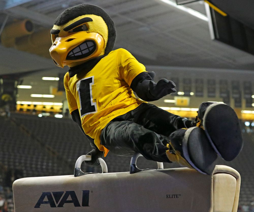 Herky swings on the pommel horse during the second day of the Big Ten Men's Gymnastics Championships at Carver-Hawkeye Arena in Iowa City on Saturday, Apr. 6, 2019. (Stephen Mally/hawkeyesports.com)