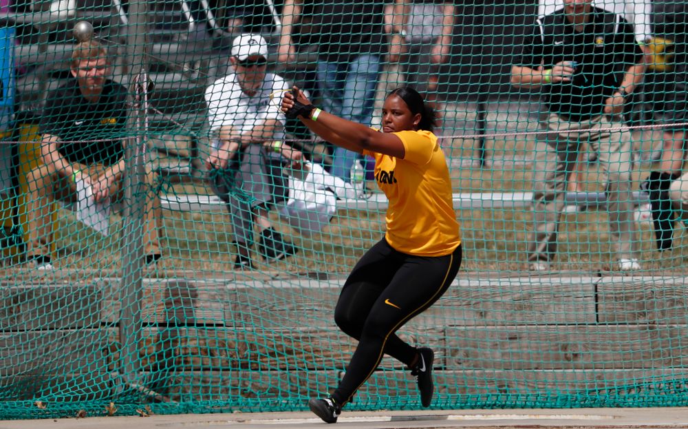 Iowa's Nia Britt competes in the hammer throw during the 2018 MUSCO Twilight Invitational  Thursday, April 12, 2018 at the Cretzmeyer Track. (Brian Ray/hawkeyesports.com)