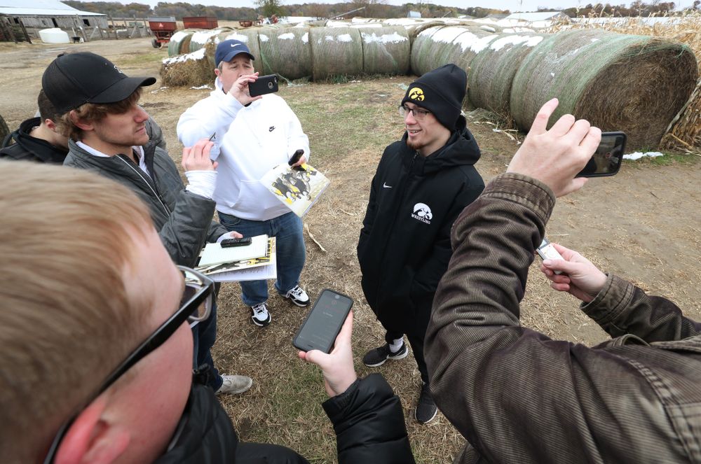 National Champion Spencer Lee answers questions from reporters during the teamÕs annual media day Wednesday, October 30, 2019 at Kroul Family Farms in Mount Vernon. (Brian Ray/hawkeyesports.com)