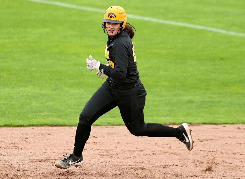 Iowa infielder Kalena Burns (50) runs to second after hitting a double during the fourth inning of their game against Iowa Softball vs Indian Hills Community College at Pearl Field in Iowa City on Sunday, Oct 6, 2019. (Stephen Mally/hawkeyesports.com)