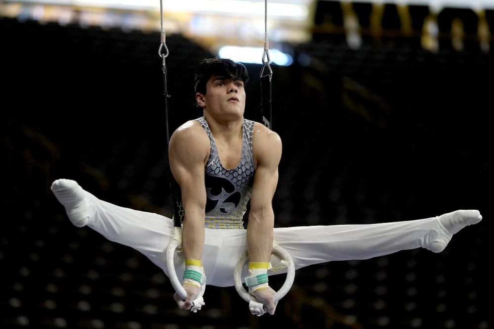 Iowa’s Evan Davis competes on the Rings against UIC and Minnesota Saturday, February 1, 2020 at Carver-Hawkeye Arena. (Brian Ray/hawkeyesports.com)