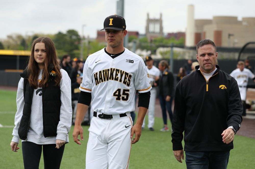 Iowa Hawkeyes Kyle Shimp (45) during senior day festivities before their game against Michigan State Sunday, May 12, 2019 at Duane Banks Field. (Brian Ray/hawkeyesports.com)