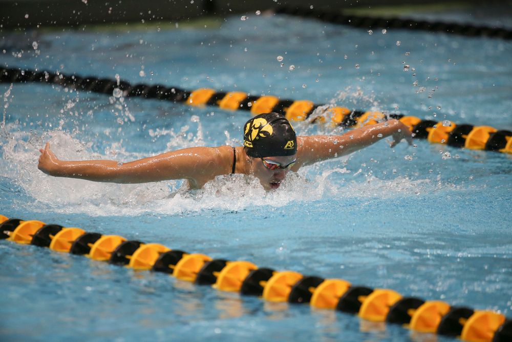 Iowa’s Christina Kauffman swims the 100-yard butterfly during the Iowa swimming and diving meet vs Notre Dame and Illinois on Saturday, January 11, 2020 at the Campus Recreation and Wellness Center. (Lily Smith/hawkeyesports.com)