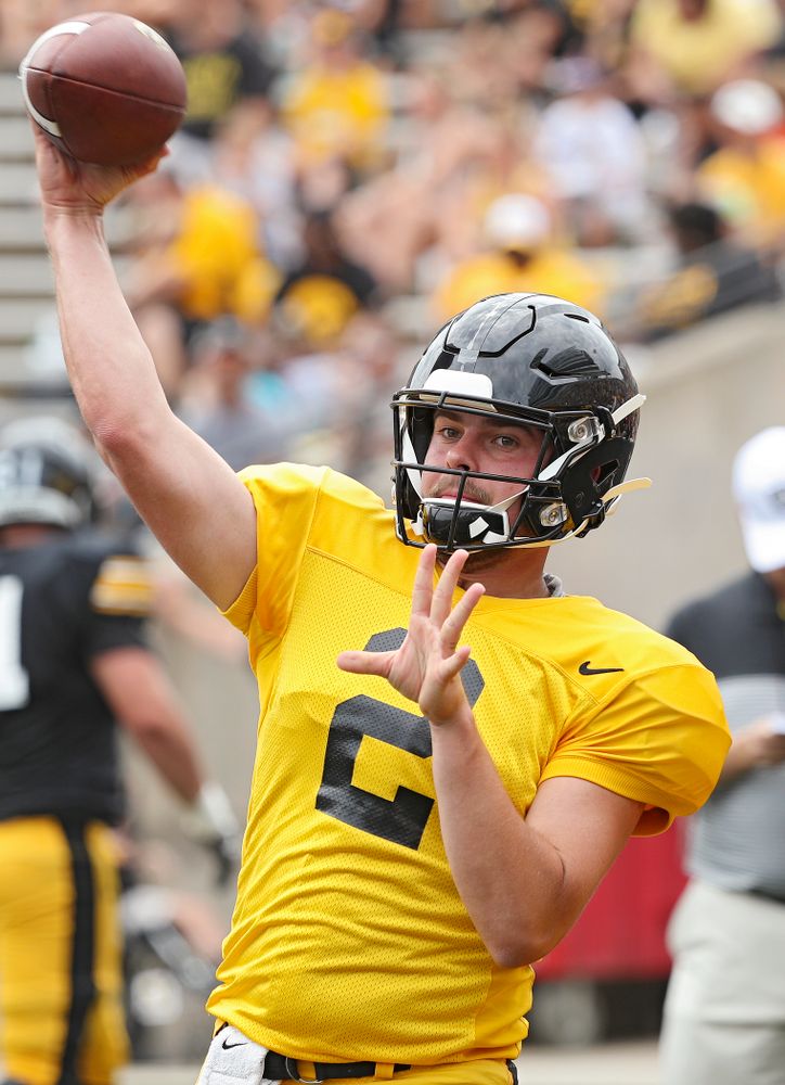 Iowa Hawkeyes quarterback Peyton Mansell (2) throws during Fall Camp Practice No. 8 at Kids Day at Kinnick Stadium in Iowa City on Saturday, Aug 10, 2019. (Stephen Mally/hawkeyesports.com)