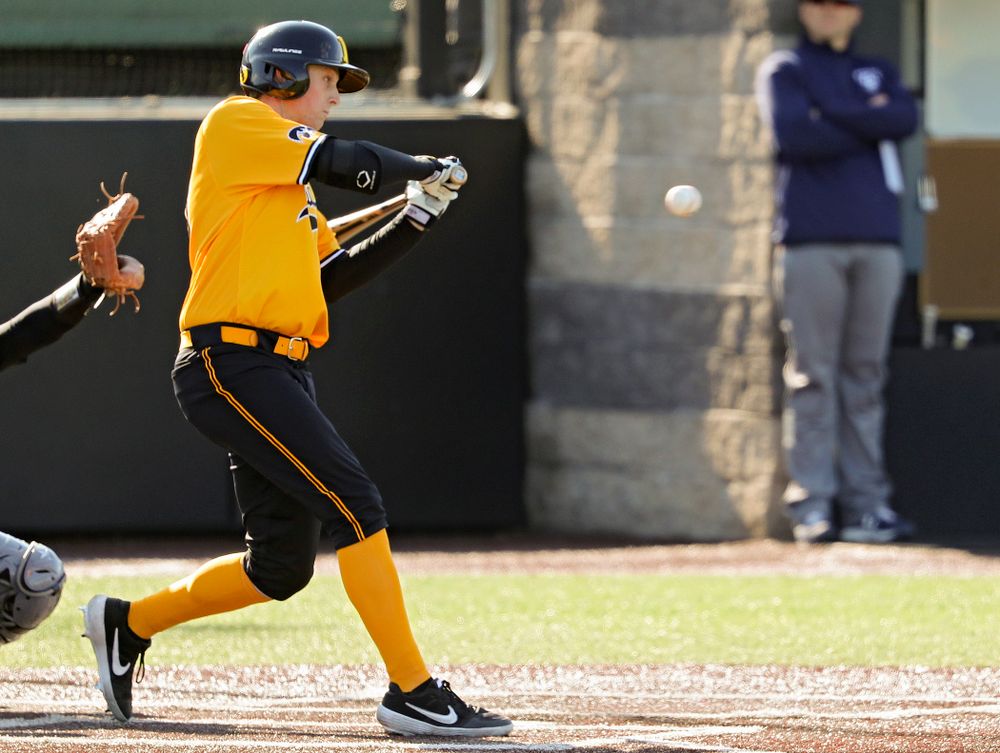 Iowa Hawkeyes right fielder Trenton Wallace (38) drives in a run during the first inning of their game at Duane Banks Field in Iowa City on Tuesday, Apr. 2, 2019. (Stephen Mally/hawkeyesports.com)