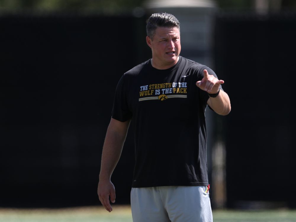 Iowa Hawkeyes offensive coordinator Brian Ferentz during Fall Camp Practice No. 5 Tuesday, August 6, 2019 at the Ronald D. and Margaret L. Kenyon Football Practice Facility. (Brian Ray/hawkeyesports.com)