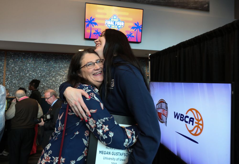 Iowa Hawkeyes forward Megan Gustafson (10) and her mother Eva Wednesday, April 4, 2018 at Amalie Arena in Tampa, FL. (Brian Ray/hawkeyesports.com)