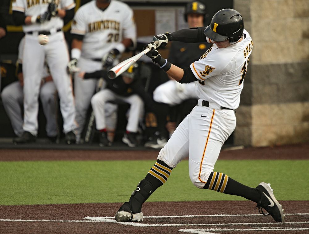 Iowa catcher Tyler Snep (16) hits a double during the seventh inning of their college baseball game at Duane Banks Field in Iowa City on Wednesday, March 11, 2020. (Stephen Mally/hawkeyesports.com)