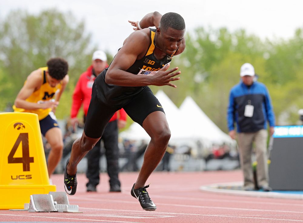 Iowa's Karayme Bartley runs the men’s 400 meter dash event on the second day of the Big Ten Outdoor Track and Field Championships at Francis X. Cretzmeyer Track in Iowa City on Saturday, May. 11, 2019. (Stephen Mally/hawkeyesports.com)