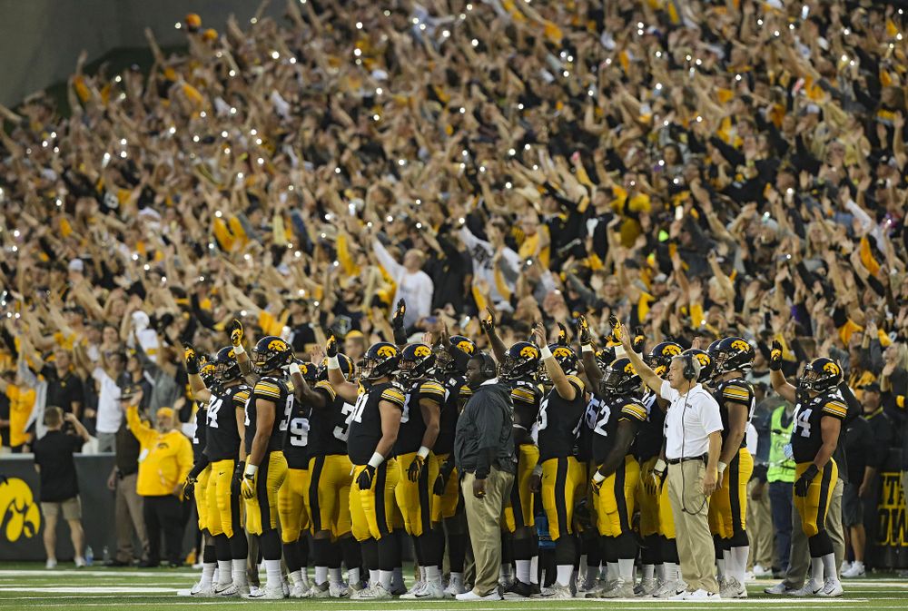 The Iowa Hawkeyes wave to the University of Iowa Stead Family Children’s Hospital between the first and second quarter of their game at Kinnick Stadium in Iowa City on Saturday, Aug 31, 2019. (Stephen Mally/hawkeyesports.com)