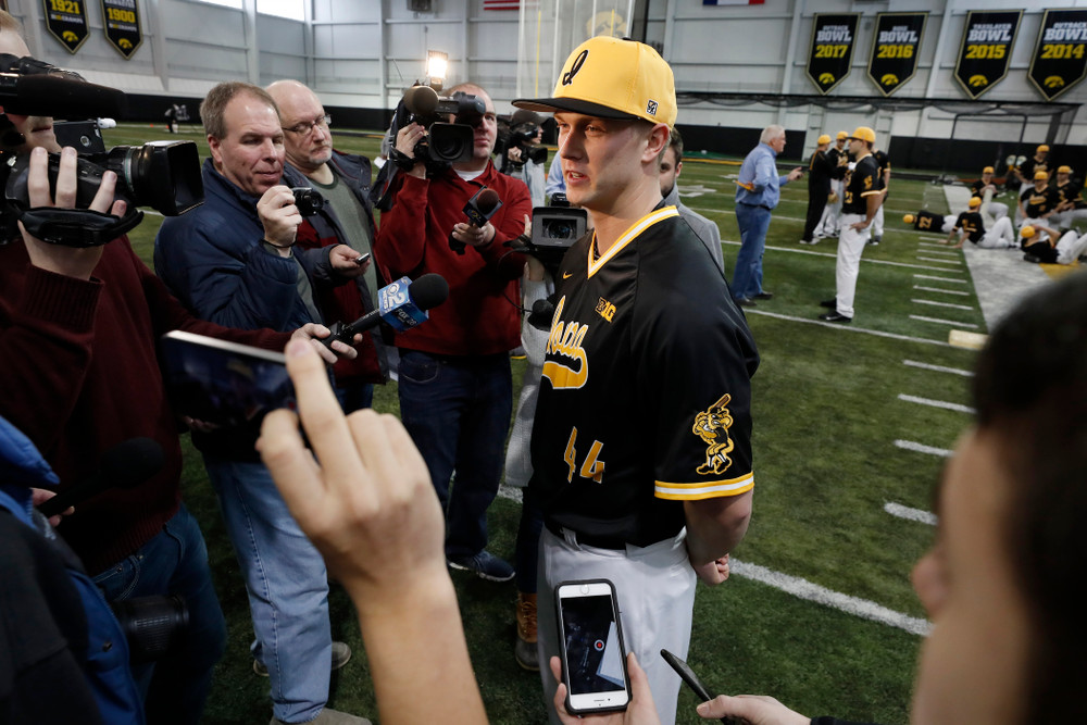 Iowa Hawkeyes outfielder Robert Neustrom (44) answers questions from reporters during the team's annual media day Thursday, February 8, 2018 in the indoor practice facility. (Brian Ray/hawkeyesports.com)