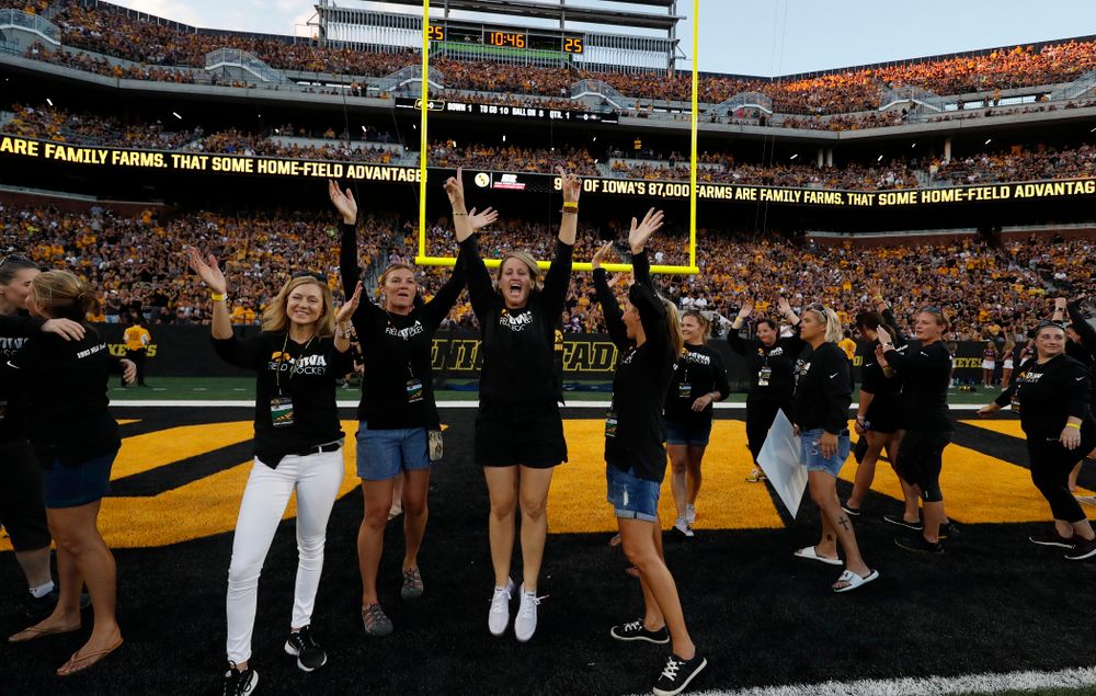 Alumni from the Iowa Field Hockey team are introduced during the Iowa Hawkeyes against the Northern Iowa Panthers Saturday, September 15, 2018 at Kinnick Stadium. (Brian Ray/hawkeyesports.com)