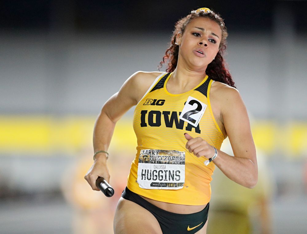 Iowa’s Dallyssa Huggins runs the women’s 1600 meter relay event during the Larry Wieczorek Invitational at the Recreation Building in Iowa City on Saturday, January 18, 2020. (Stephen Mally/hawkeyesports.com)