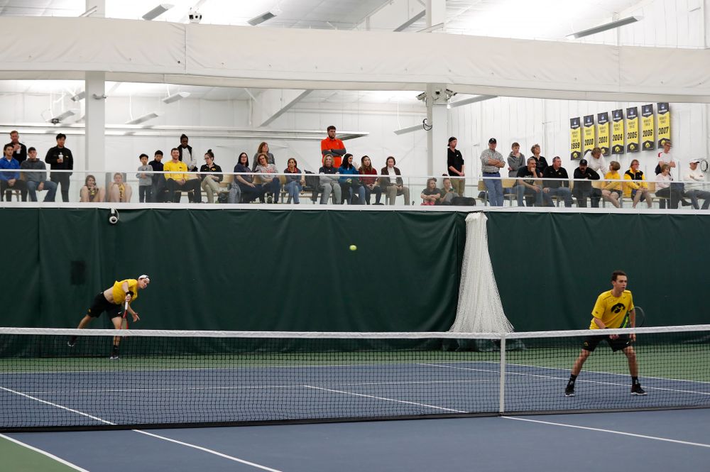 Jonas Larsen and Kareem Allaf play a doubles match against the Illinois Fighting Illini Saturday, March 31, 2018 at Hawkeye Tennis and Recreation Center. (Brian Ray/hawkeyesports.com)