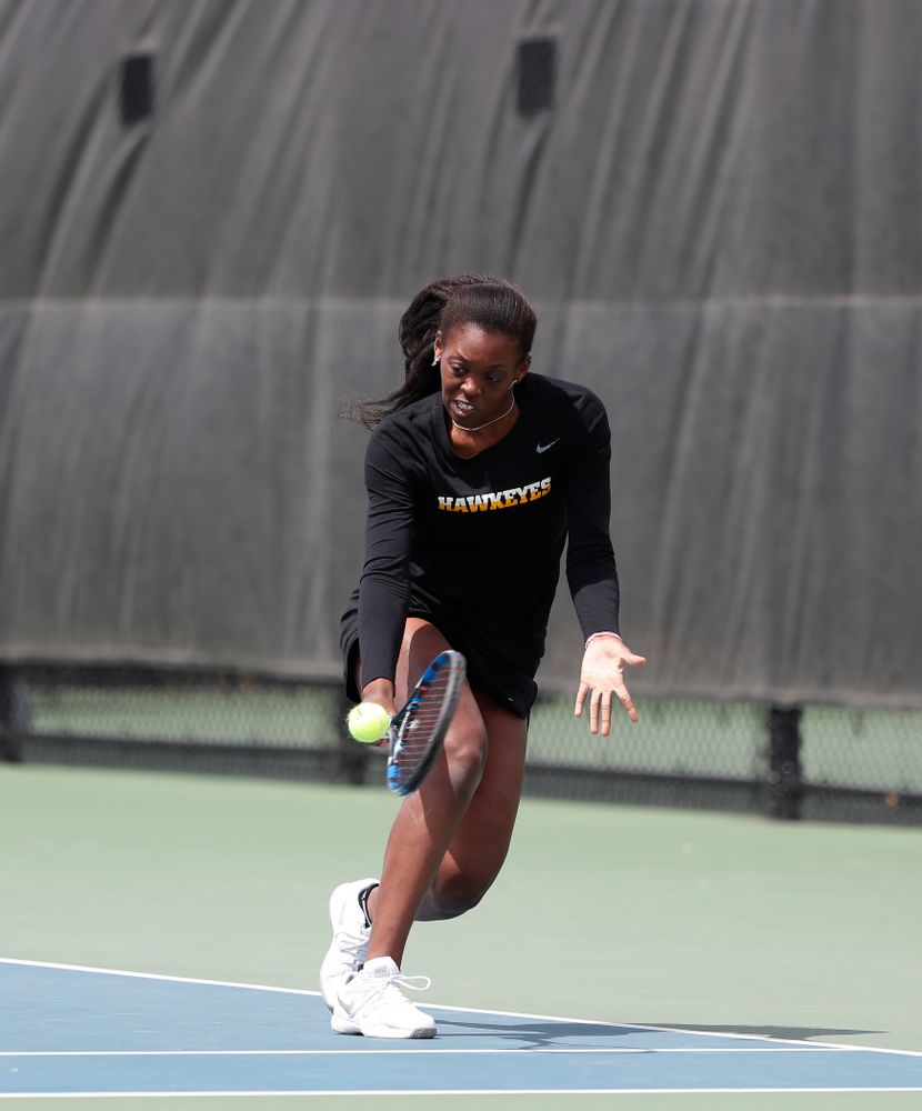 Iowa's Adorabol Huckleby against the Wisconsin Badgers Sunday, April 22, 2018 at the Hawkeye Tennis and Recreation Center. (Brian Ray/hawkeyesports.com)