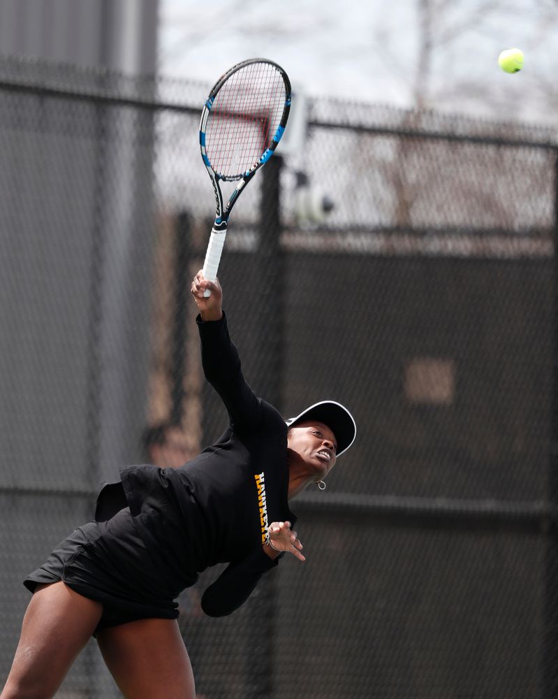 Iowa's Adorabol Huckleby against the Wisconsin Badgers Sunday, April 22, 2018 at the Hawkeye Tennis and Recreation Center. (Brian Ray/hawkeyesports.com)