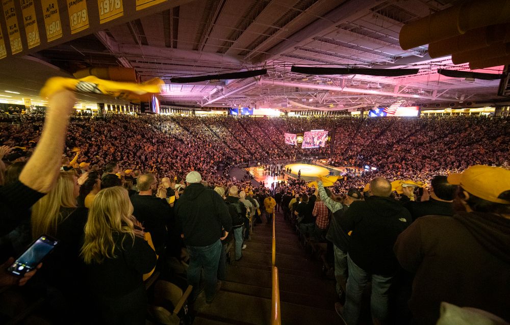 Iowa fans cheer during the dual at Carver-Hawkeye Arena in Iowa City on Friday, January 31, 2020. (Stephen Mally/hawkeyesports.com)