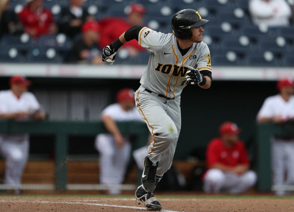 Iowa Hawkeyes Tanner Wetrich (16) against the Indiana Hoosiers in the first round of the Big Ten Baseball Tournament Wednesday, May 22, 2019 at TD Ameritrade Park in Omaha, Neb. (Brian Ray/hawkeyesports.com)