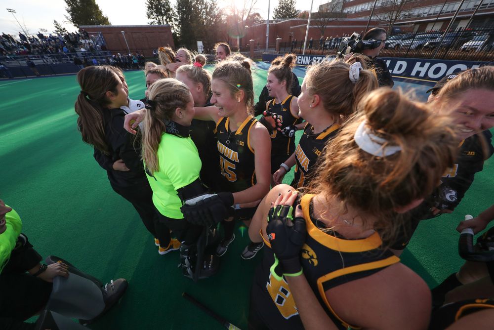 Iowa Hawkeyes Esme Gibson (15) and goaltender Leslie Speight (96) celebrate their victory over  Penn State in the 2019 Big Ten Field Hockey Tournament Championship Game Sunday, November 10, 2019 in State College. (Brian Ray/hawkeyesports.com)