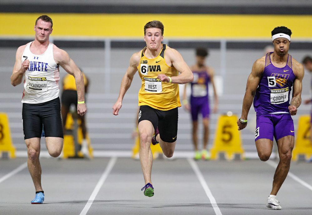 Iowa’s Austin West runs in the men’s 60 meter dash prelim event during the Hawkeye Invitational at the Recreation Building in Iowa City on Saturday, January 11, 2020. (Stephen Mally/hawkeyesports.com)