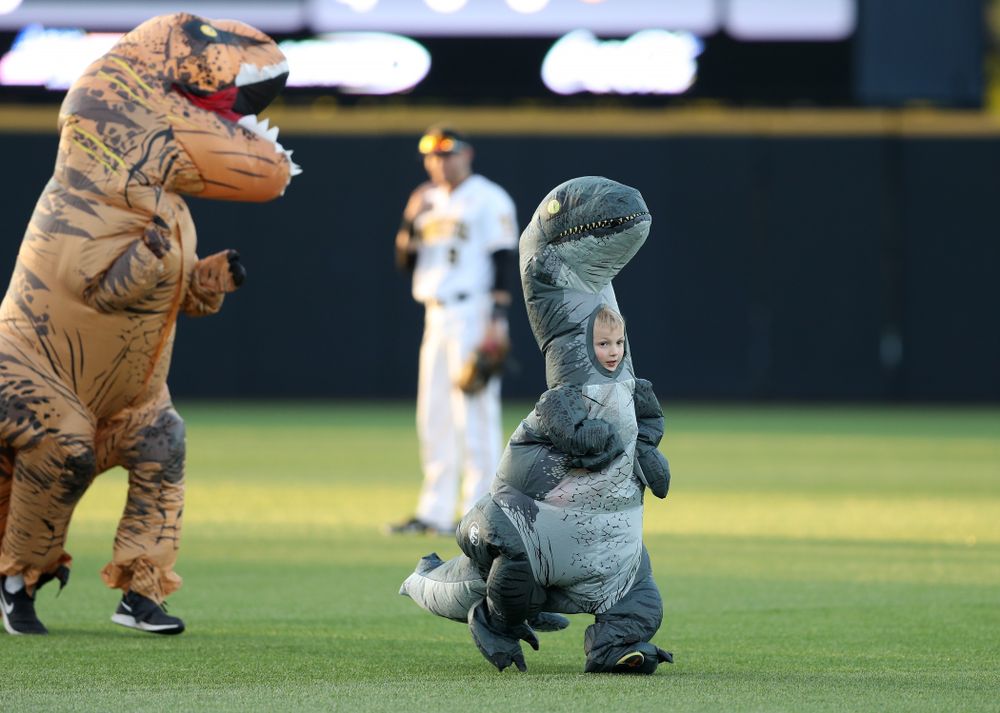 Connor Gorzelanny runs the dinosaur race during the Iowa Hawkeyes game against the Michigan State Spartans Friday, May 10, 2019 at Duane Banks Field. (Brian Ray/hawkeyesports.com)