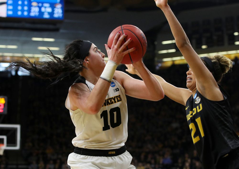 Iowa Hawkeyes center Megan Gustafson (10) scores a basket during the second quarter of their second round game in the 2019 NCAA Women's Basketball Tournament at Carver Hawkeye Arena in Iowa City on Sunday, Mar. 24, 2019. (Stephen Mally for hawkeyesports.com)
