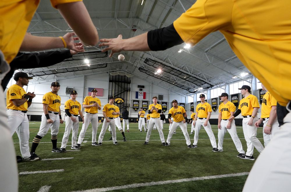 The Iowa Hawkeyes play two ball before practice Thursday, February 6, 2020 at the Indoor Practice Facility. (Brian Ray/hawkeyesports.com)