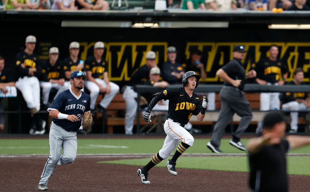 Iowa Hawkeyes infielder Mitchell Boe (4) doubles against the Penn State Nittany Lions Friday, May 18, 2018 at Duane Banks Field. (Brian Ray/hawkeyesports.com)