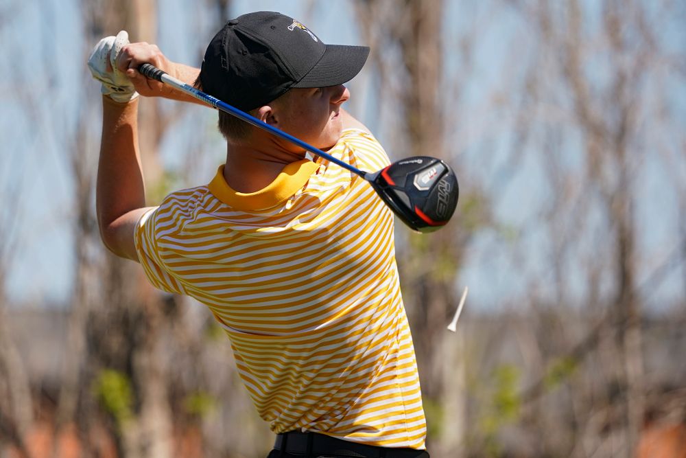 Iowa's Benton Weinberg tees off during the third round of the Hawkeye Invitational at Finkbine Golf Course in Iowa City on Sunday, Apr. 21, 2019. (Stephen Mally/hawkeyesports.com)