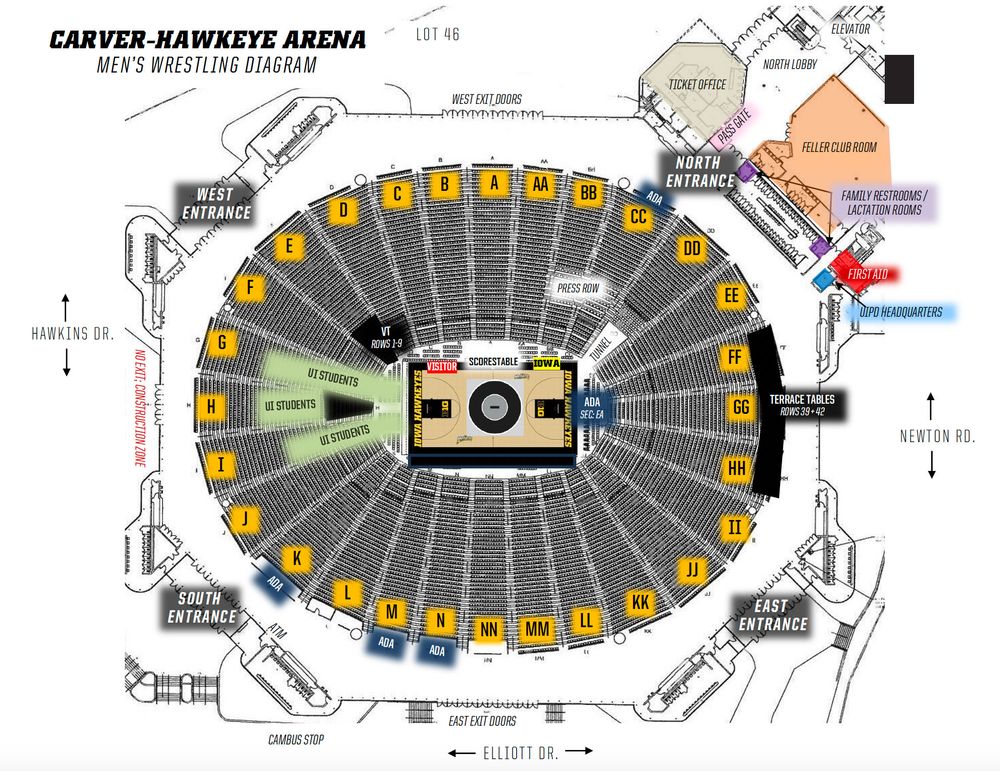 Diagram of seating for Men's Wrestling at Carver-Hawkeye Arena
