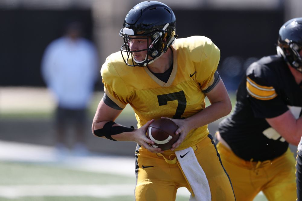 Iowa Hawkeyes quarterback Spencer Petras (7) during Fall Camp Practice No. 5 Tuesday, August 6, 2019 at the Ronald D. and Margaret L. Kenyon Football Practice Facility. (Brian Ray/hawkeyesports.com)