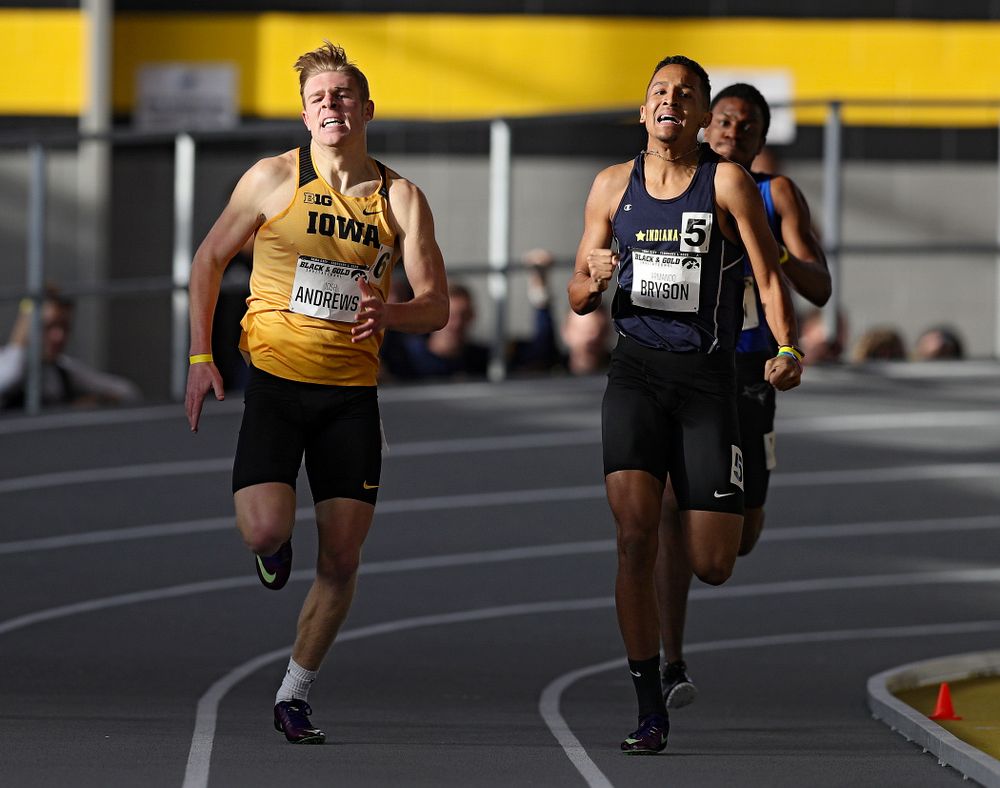 Iowa’s Josh Andrews (from left) and Armando Bryson run the men’s 600 meter run event at the Black and Gold Invite at the Recreation Building in Iowa City on Saturday, February 1, 2020. (Stephen Mally/hawkeyesports.com)