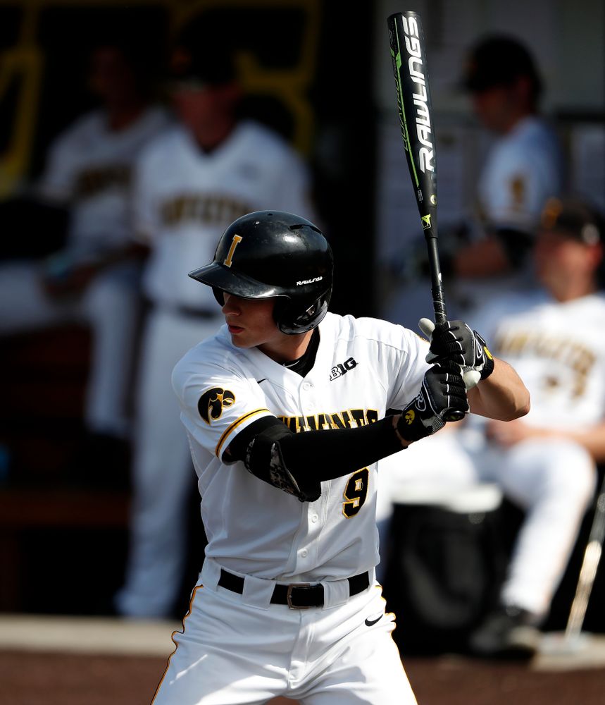 Iowa Hawkeyes outfielder Ben Norman (9) against the Missouri Tigers Tuesday, May 1, 2018 at Duane Banks Field. (Brian Ray/hawkeyesports.com)