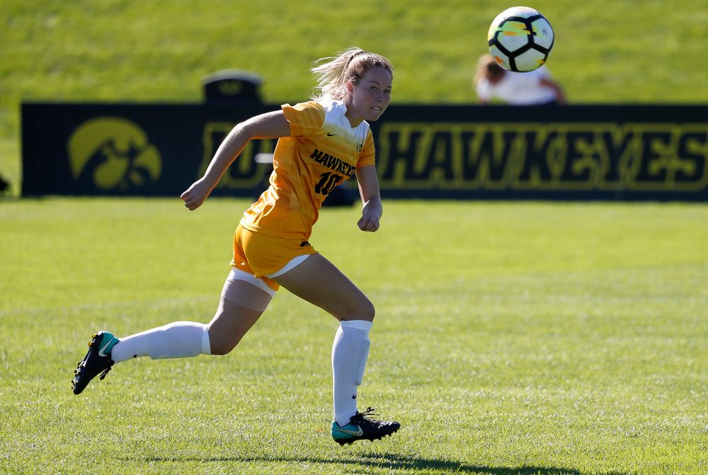 Iowa Hawkeyes midfielder Natalie Winters (10) scores a goal during a game against Indiana at the Iowa Soccer Complex on September 23, 2018. (Tork Mason/hawkeyesports.com)