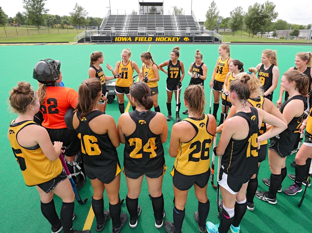 The Iowa Hawkeyes Field Hockey team huddles during practice at Grant Field in Iowa City on Thursday, Aug 15, 2019. (Stephen Mally/hawkeyesports.com)