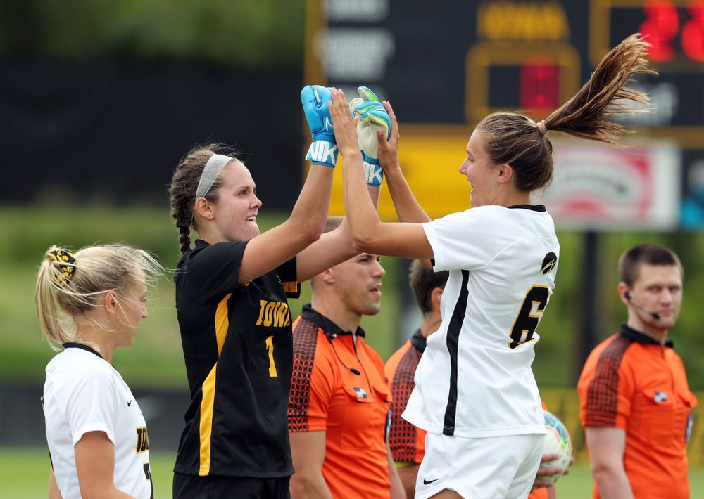 Iowa Hawkeyes goalkeeper Claire Graves (1) and midfielder Isabella Blackman (6) during a 6-1 win over Northern Iowa Sunday, August 25, 2019 at the Iowa Soccer Complex. (Brian Ray/hawkeyesports.com)