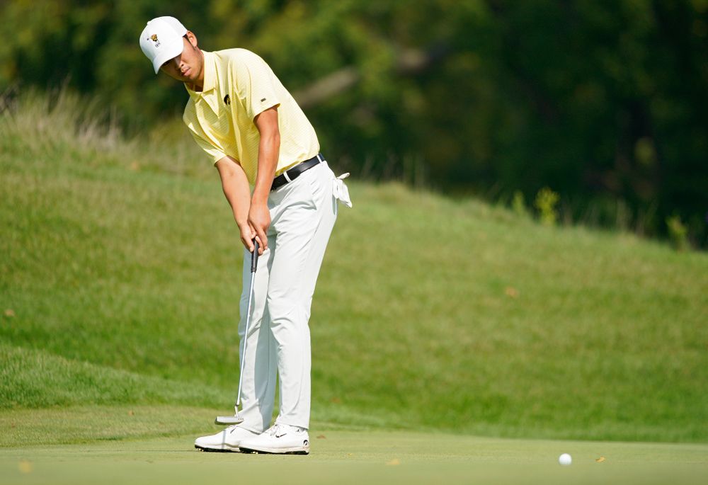 Iowa’s Joe Kim putts during the third day of the Golfweek Conference Challenge at the Cedar Rapids Country Club in Cedar Rapids on Tuesday, Sep 17, 2019. (Stephen Mally/hawkeyesports.com)