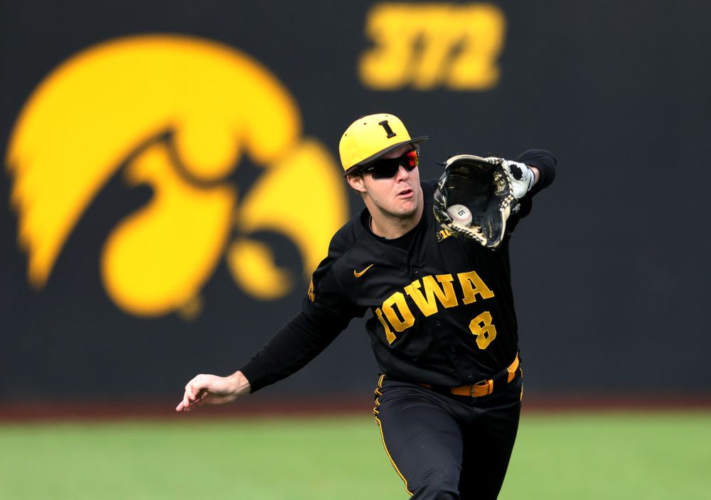 Iowa Hawkeyes outfielder Luke Farley (8) against Simpson College Tuesday, March 19, 2019 at Duane Banks Field. (Brian Ray/hawkeyesports.com)