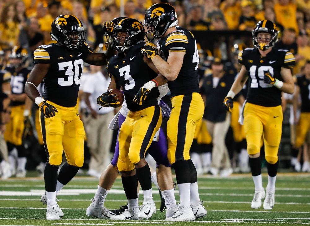 Iowa Hawkeyes wide receiver Tyrone Tracy, Jr. (3) reacts after making a reception during a game against Northern Iowa at Kinnick Stadium on September 15, 2018. (Tork Mason/hawkeyesports.com)
