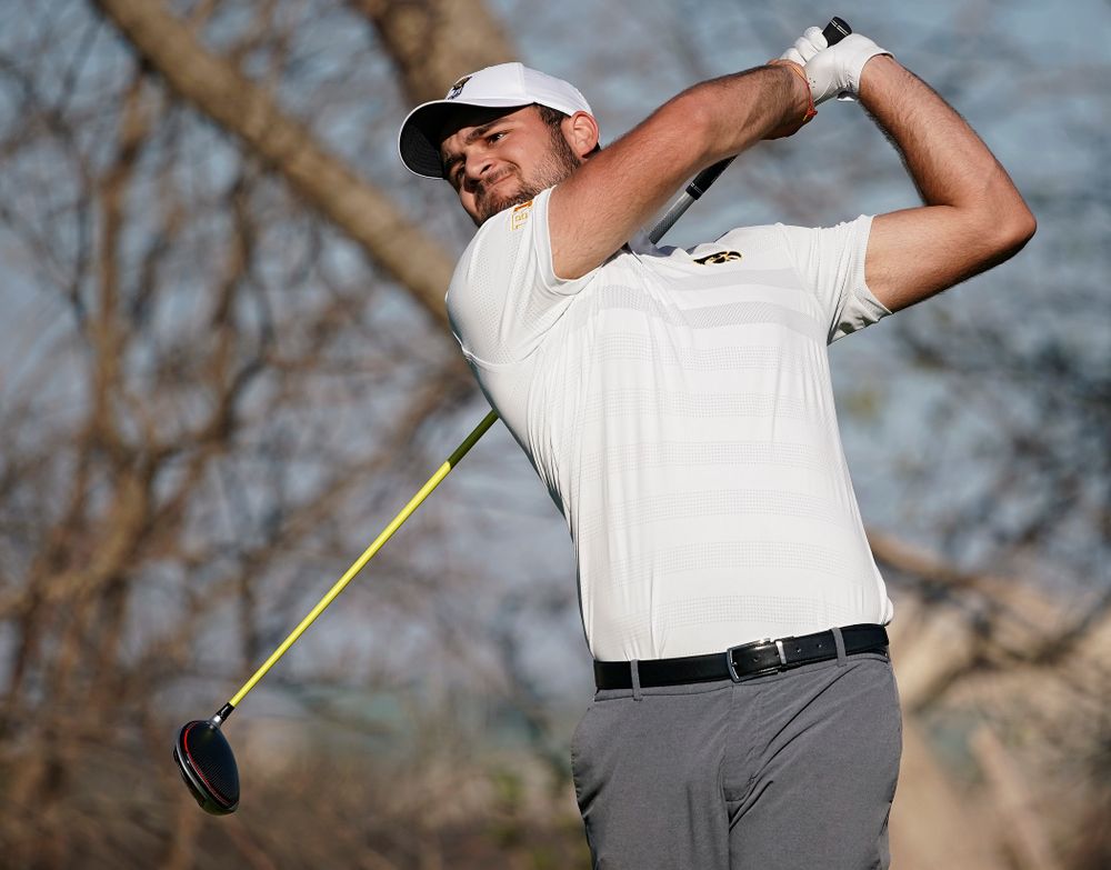 Iowa's Gonzalo Leal tees off during the second round of the Hawkeye Invitational at Finkbine Golf Course in Iowa City on Saturday, Apr. 20, 2019. (Stephen Mally/hawkeyesports.com)