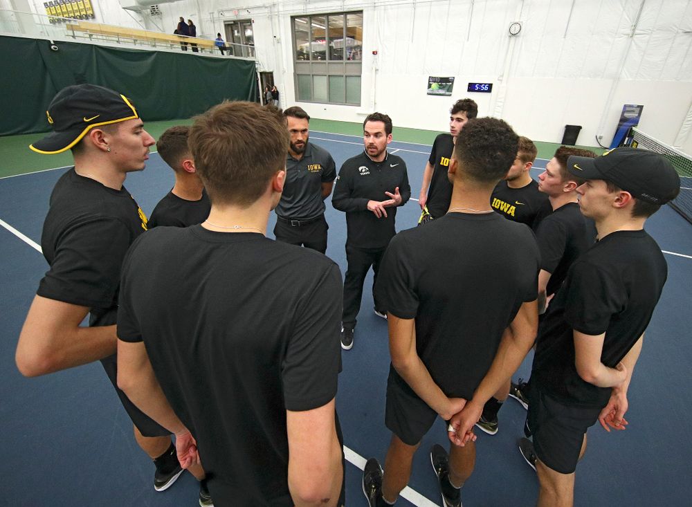 Mellecker Family Head Men's Tennis Coach Ross Wilson talks with his team before their match at the Hawkeye Tennis and Recreation Complex in Iowa City on Friday, February 14, 2020. (Stephen Mally/hawkeyesports.com)