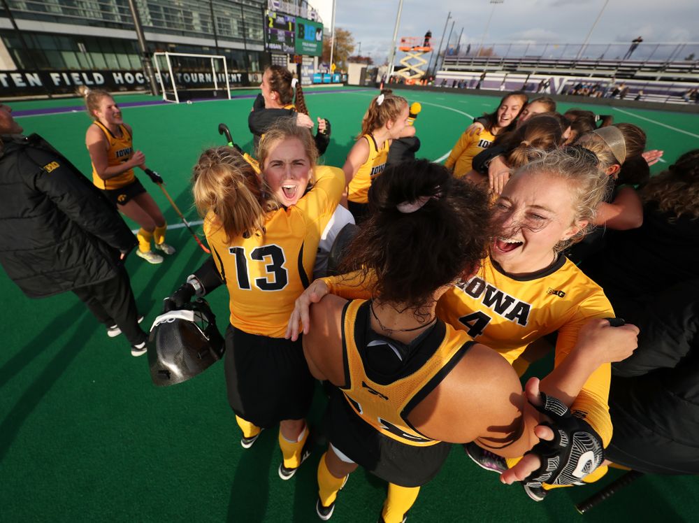 The Iowa Hawkeyes celebrate their 2-1 victory over the Michigan Wolverines in the semi-finals of the Big Ten Tournament Friday, November 2, 2018 at Lakeside Field on the campus of Northwestern University in Evanston, Ill. (Brian Ray/hawkeyesports.com)