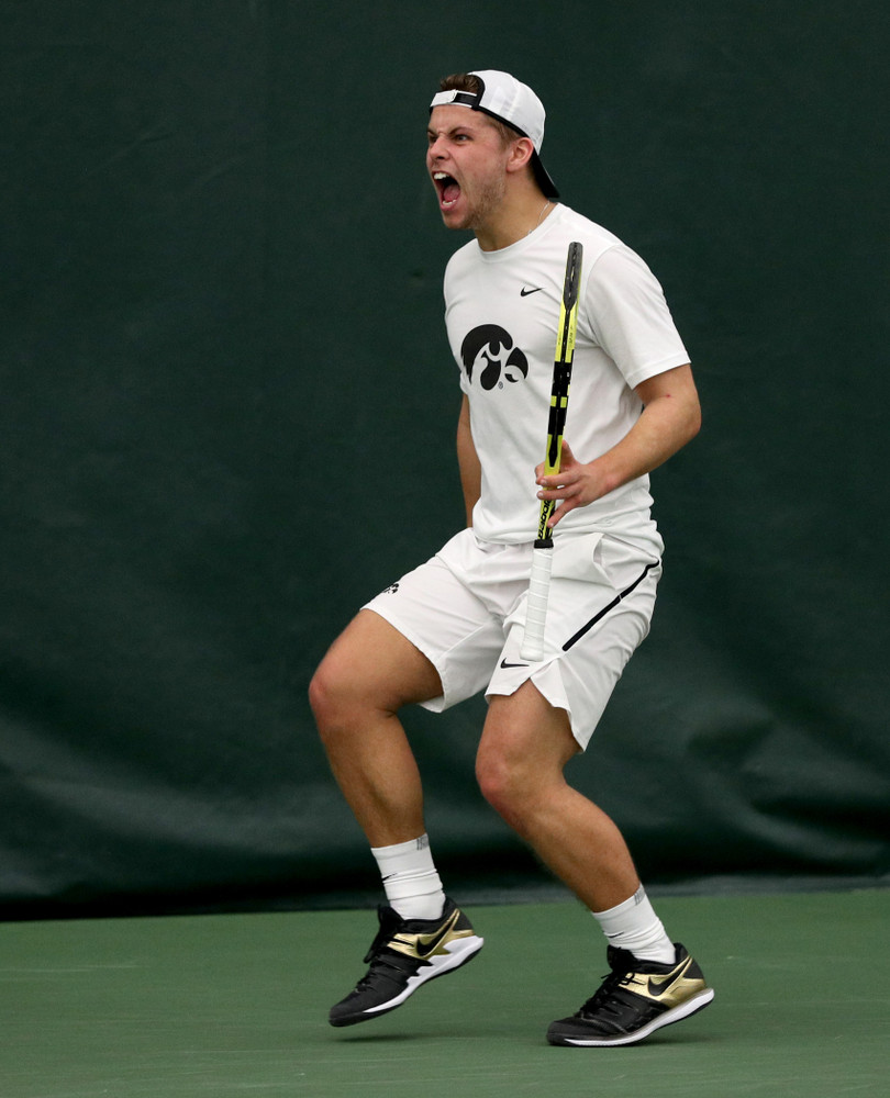 Iowa’s Will Davies against Cornell Sunday, March 8, 2020 at the Hawkeye Tennis and Recreation Center. (Brian Ray/hawkeyesports.com)