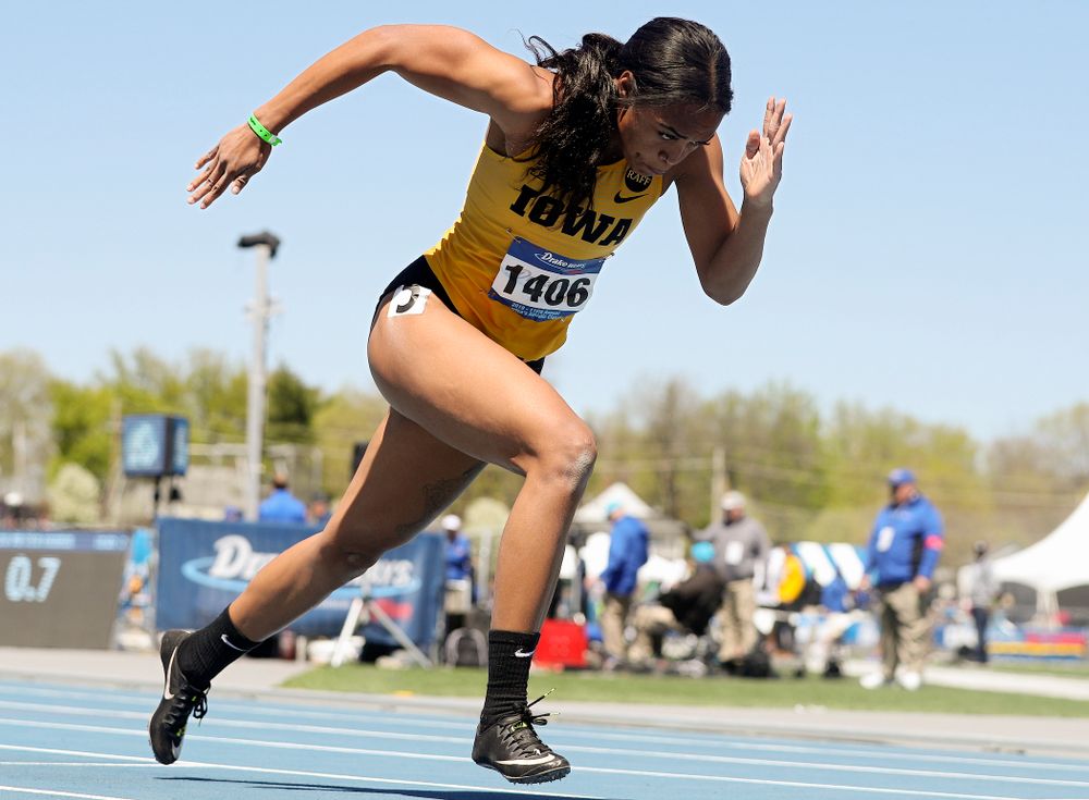 Iowa's Tria Simmons runs in the women's 400 meter hurdles event during the second day of the Drake Relays at Drake Stadium in Des Moines on Friday, Apr. 26, 2019. (Stephen Mally/hawkeyesports.com)