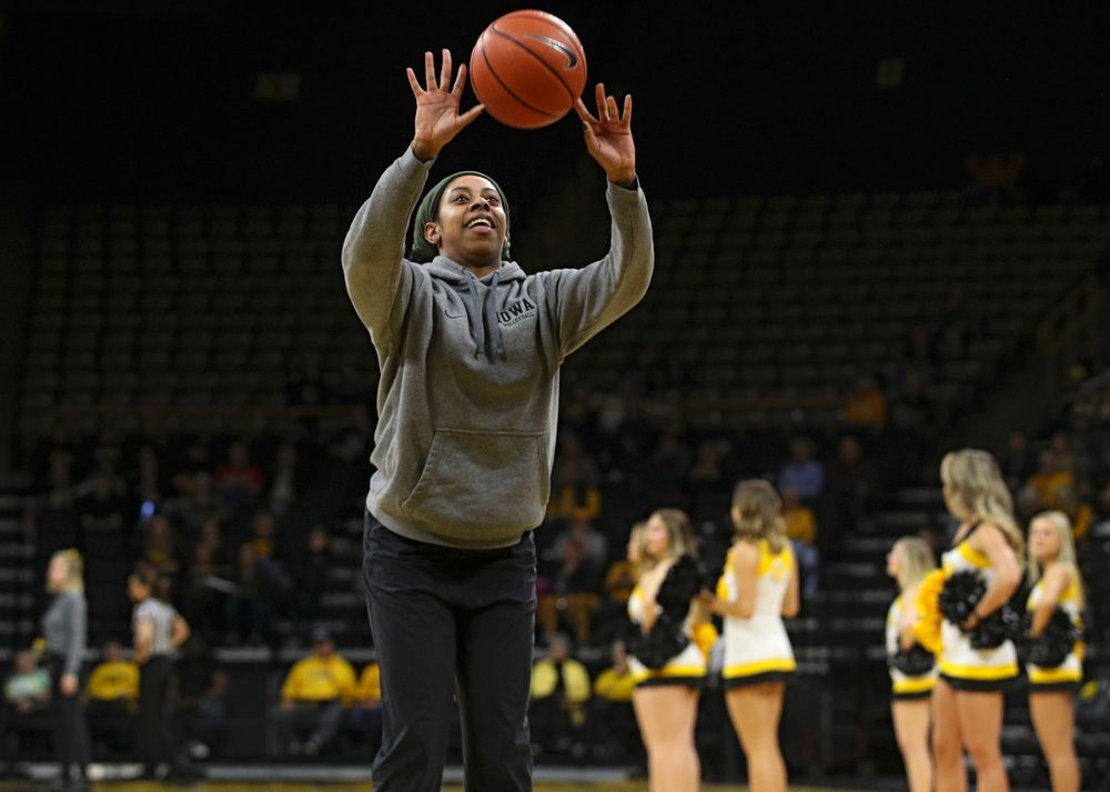 Iowa Volleyball’s Griere Hughes shoots a free throw during a timeout in the second quarter of the game at Carver-Hawkeye Arena in Iowa City on Thursday, February 6, 2020. (Stephen Mally/hawkeyesports.com)